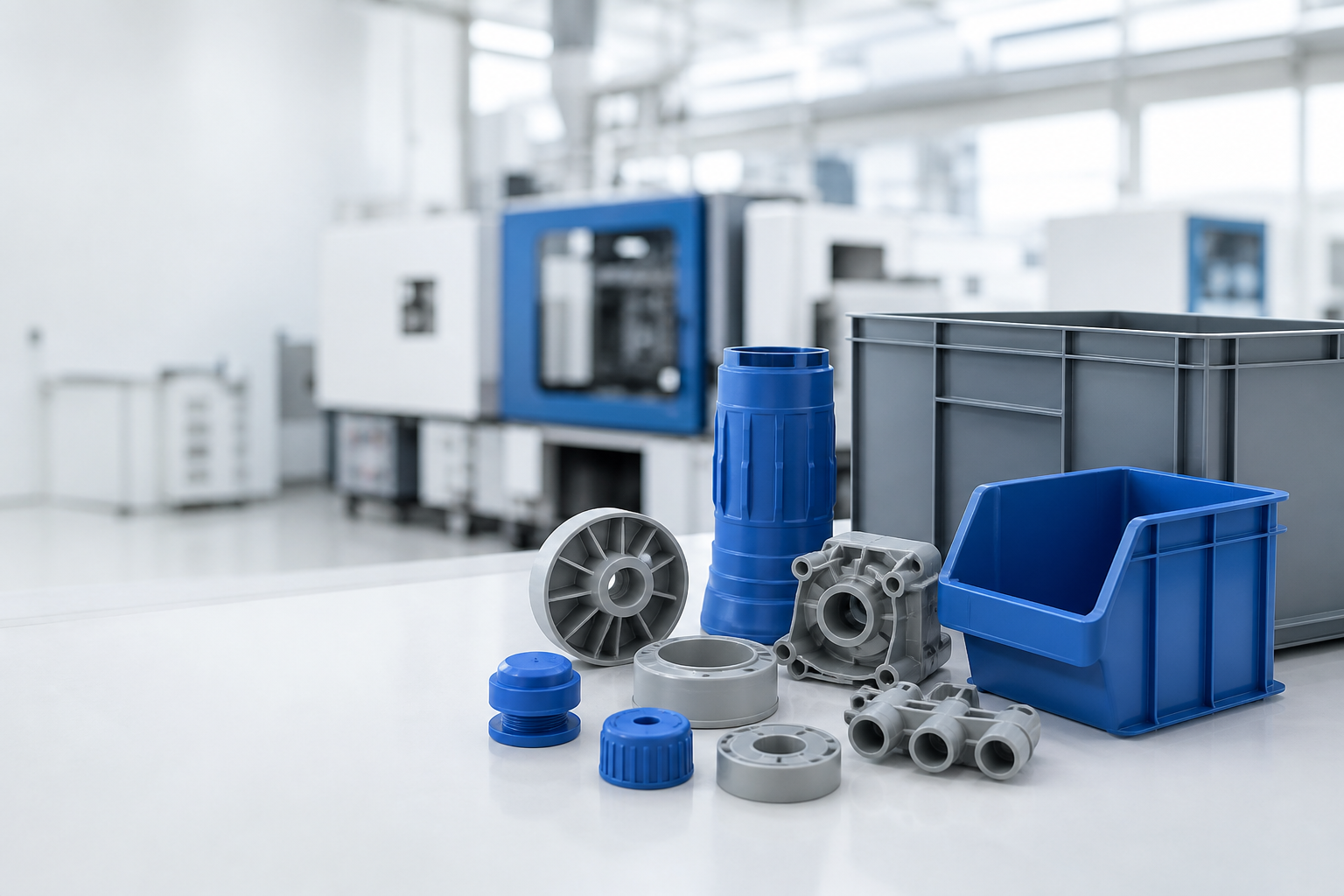 Plastic components and storage bins in a modern manufacturing facility